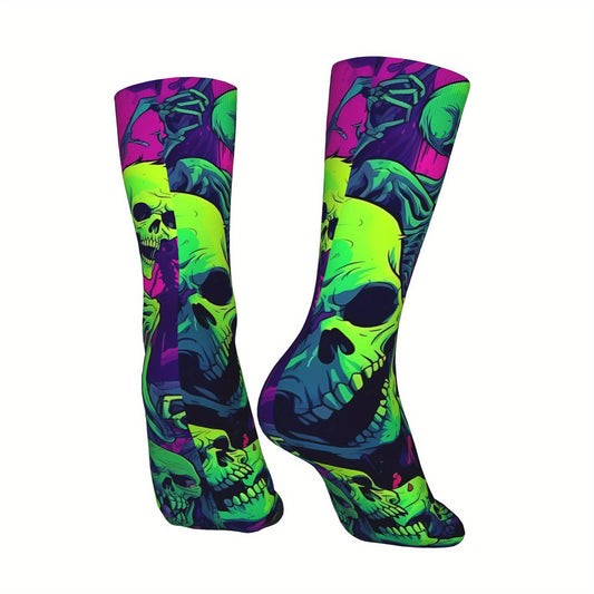 1 Pair Men's Neon Skeleton Knee-High Socks - Vibrant, Colorful Dancing Skeletons Pattern, Novelty Crew Socks, Polyester & Elastane Blend, Hand Wash Recommended, Novelty Socks | Skeleton Print Socks | Stretchy Fabric Socks