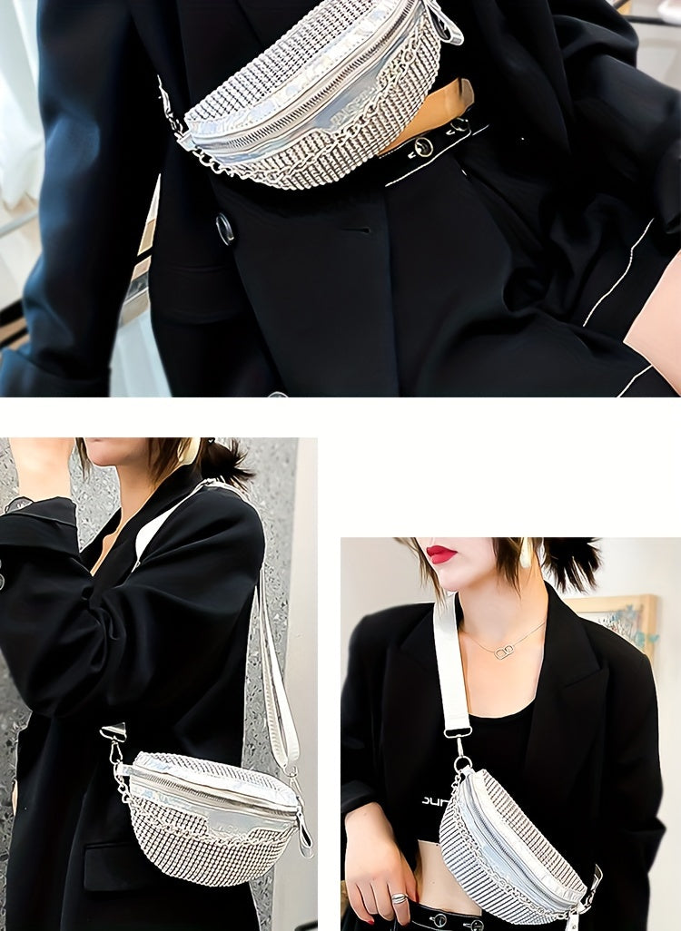 Shining Rhinestone Waist Bag, Bling-Bling belt bag for Women, Trendy Chain Decor Crossbody Chest Bag Bum Bag belt bag