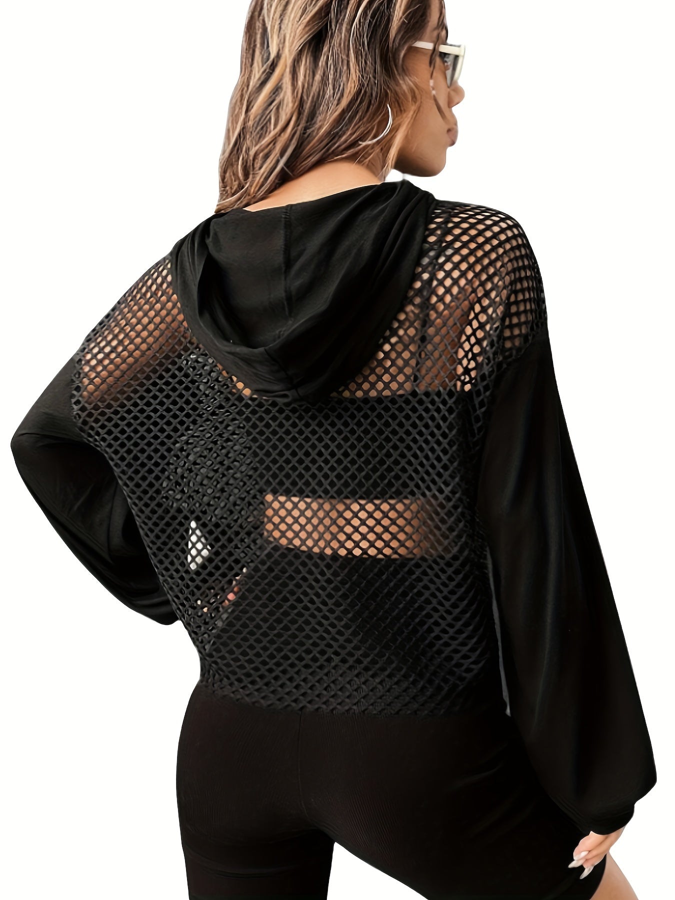 Hollow Out Drawstring Hoodies, Sexy Solid Long Sleeve Sweatshirt, Women's Clothing