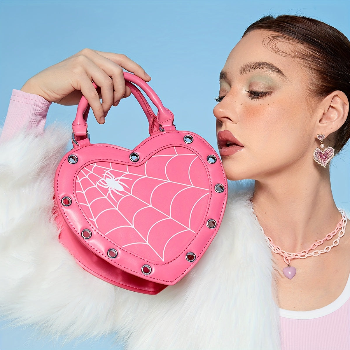 Spider Web Print Heart-Shaped Crossbody Bag for Women - Adjustable Detachable Strap, Zipper Closure, Gothic Handbag in Pink/Black, Y2K Rock Punk Style for Halloween, Music Festivals & Role Play, Spiderweb Purse, Halloween Acc