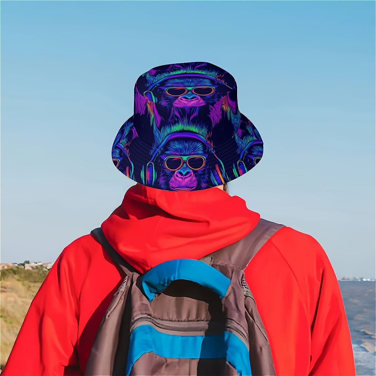 1pc WKHRSYT Music Festival Bucket Hat - Vibrant Neon Gorilla Print, Unisex Outdoor Sun Hat for Roskilde Festival, Hip-Hop Rock Style, Northern Europe's Largest Open-Air Concerts, Pop & Indie Events, Concert Accessories, Light