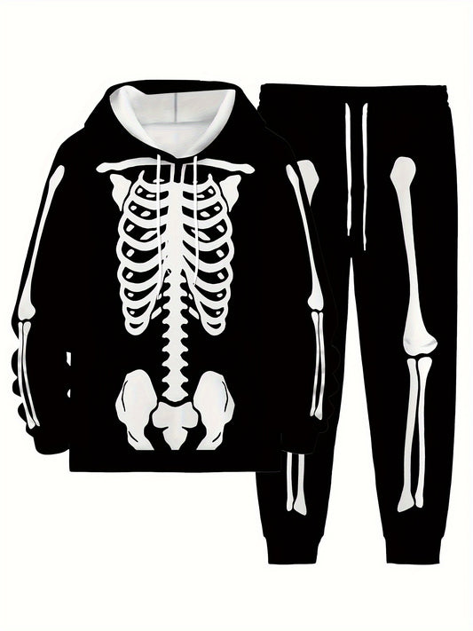 Kebisi Men's 2pcs Halloween Skull Print Casual Hoodie and Sweatpants Autumn and Winter Comfortable Streetwear as a Gift
