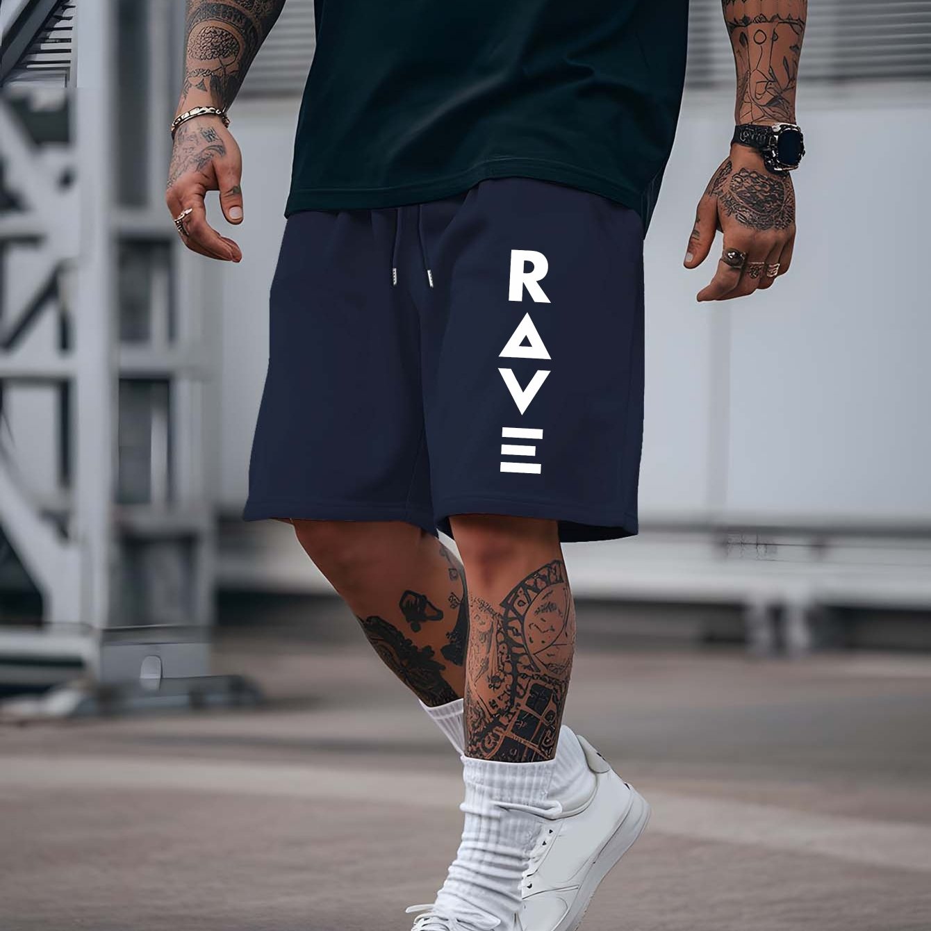 R V New Men's Summer Casual Shorts with RAVE Letter Print - Light Grey Regular Fit Outdoor Sports & Beach Vacation Shorts, American Fashion Trendy Lightweight Comfortable Design, Beach Vacation Apparel | Fashionable Casualwea