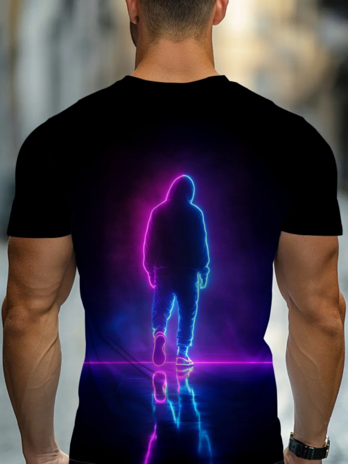 Men'S Neon Silhouette Graphic T-Shirt - Trendy Black Casual Sport Tee with Vibrant Pink & Blue Glow Design, Short Sleeve, Round Neck, Perfect for Everyday Wear, Everyday Tshirt | Trendy Casual Shirt | Stretchy Fabric