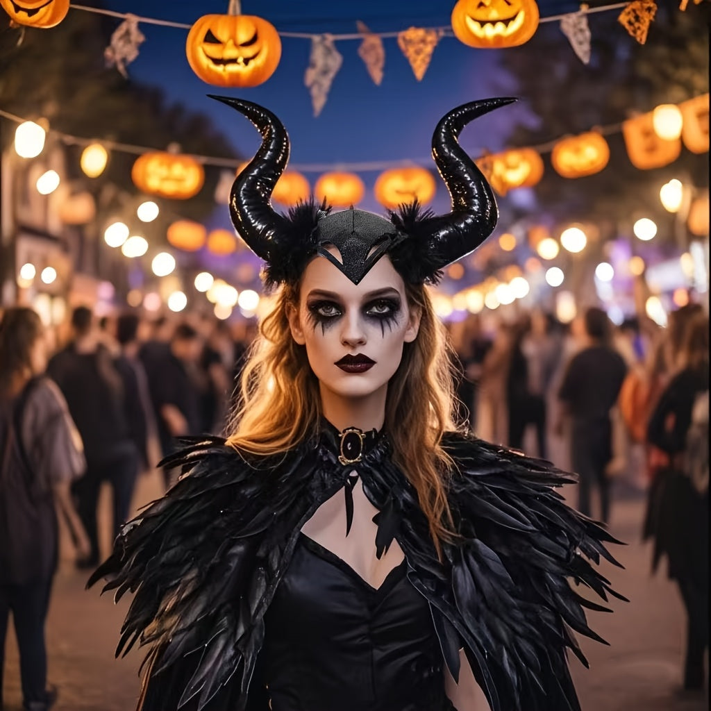 3pcs Devil Costume Accessory Set for Men and Women, Including Demon Horn Headband, Gothic Black Faux Feather Cape, and Gothic Lace Necklace; Perfect for Halloween, Role Play, Masquerade Parties, Demon Queen Makeup, and Wizard