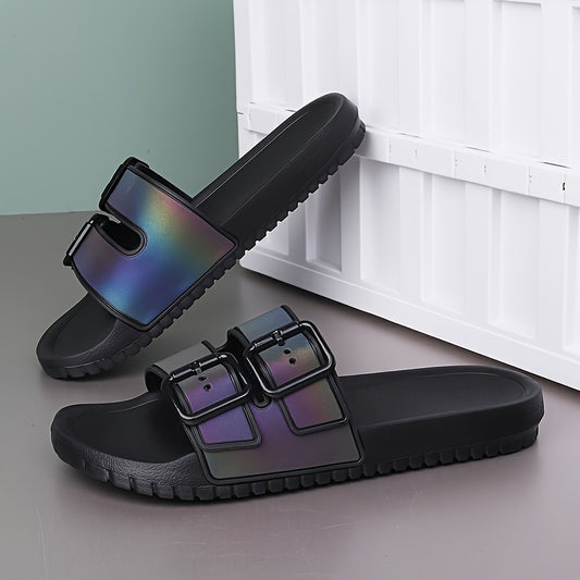 Unisex Fashion Slide Sandals | Adjustable Buckle Straps | Reflective Rainbow Holographic Design | Ultra-Fine Microfiber & EVA Sole | Non-Slip, Durable | Versatile Indoor/Outdoor Use, Strappy Sandals