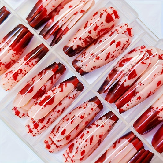 120pcs Blood Red Gothic Nail Extensions Kit - Long Full Set Press On Nails with Dripping Blood Effect, Glossy Fake Nails & Liquid Red Polish for Halloween, Parties, Casual Attire - Easy Application, Comfortable & Durable (120