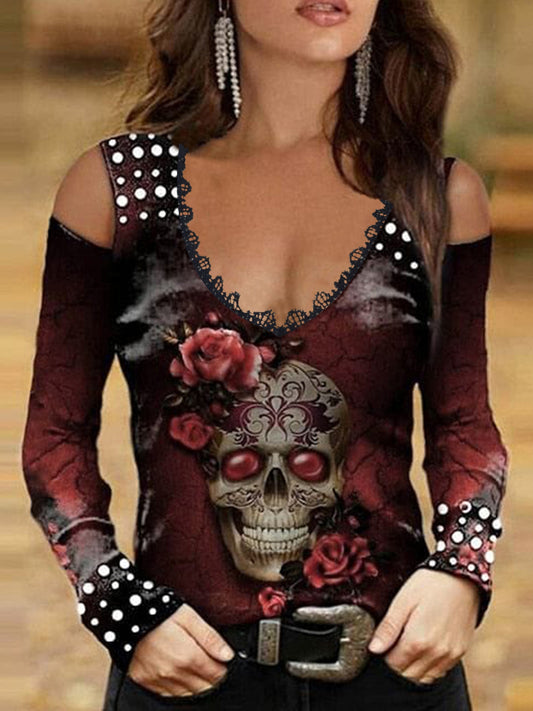 Vintage Skull Print Cold Shoulder T-Shirt - Trendy Long Sleeve Design with Cozy Fit, Distressed Retro Look, and Bold Graphic Print - Perfect for Spring & Fall, Womens Fashion Clothing