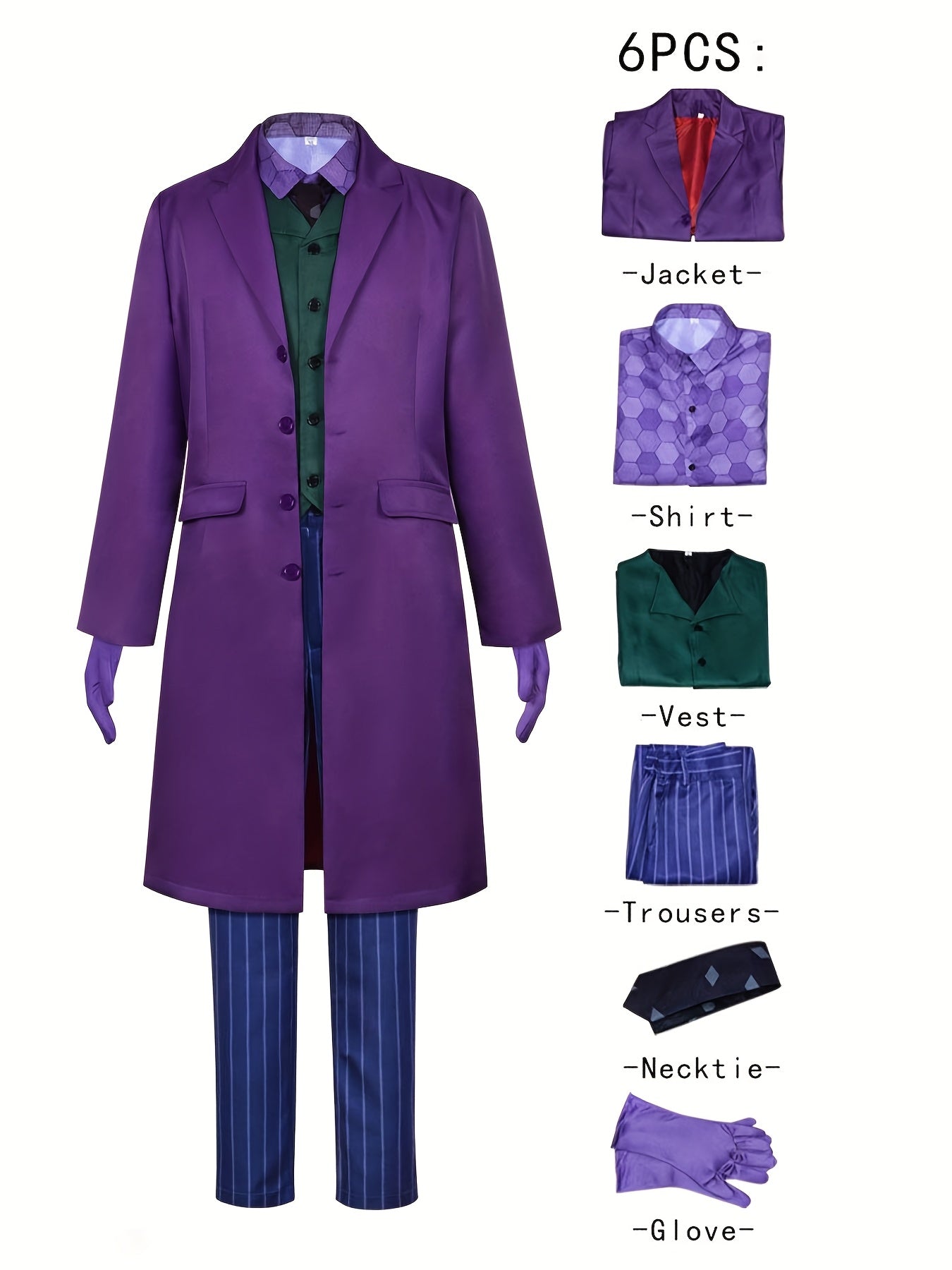 Halloween Men'S Fashion Purple Clown Six-Piece Set, Complete with Meticulously Crafted Scary Party Clown Outfit Including Long Coat, Shirt, Vest, Trousers, Tie, And Gloves.