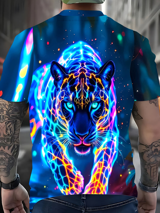 3D Neon Panther Print Men's Polyester T - Shirt, Short Sleeve, Cool Neon Animal Design, High - Quality 3D Printing, Comfortable Polyester, Stylish Casual Apparel, Distinctive Look, Must - Have Men's Fashion, Trendy Choice