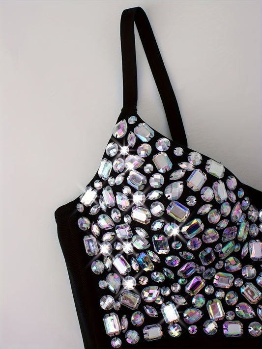 Sexy Backless Crop Tube Top with Multicolor Acrylic Sequins - Stretchy Spaghetti Strap Shirt for Women, Japanese Korean Fashion Style All-Season Versatile Wear, Evening Wear, Elegant Design, Elegant Craftsmanship, Party Outfi