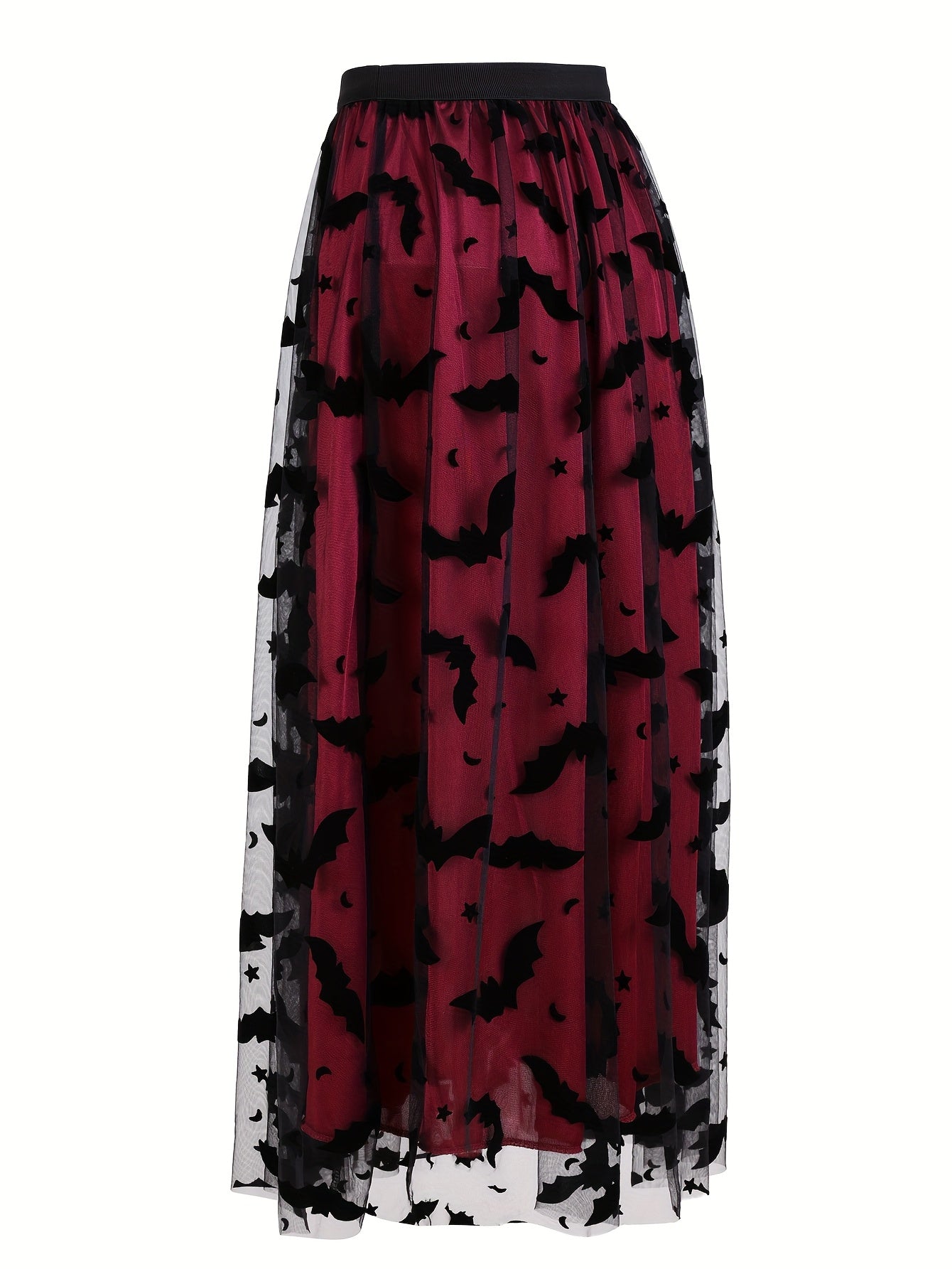 Plus Size - Elegant Plus Size Purple Tulle Skirt with Black Bat Print - Mid-Length, Flowy Design, Perfect for Casual or Formal Occasions, Formal Occasion Skirt | Bat Print Skirt | Polyester Fabric