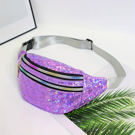Holographic Sequin Waist Bag for Women - Stylish Crossbody Belt Bag with Adjustable Strap, Zipper Closure, And Glittery Purple, White, And Pink Patterns - Perfect for Outdoor Activities, Travel, And Everyday Fashion, Crossbod
