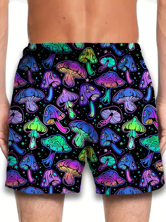 Men's Retro Neon Mushroom 3D Print Casual Athletic Shorts - Vibrant Psychedelic Design, Drawstring Waist, Comfortable for Basketball & Streetwear