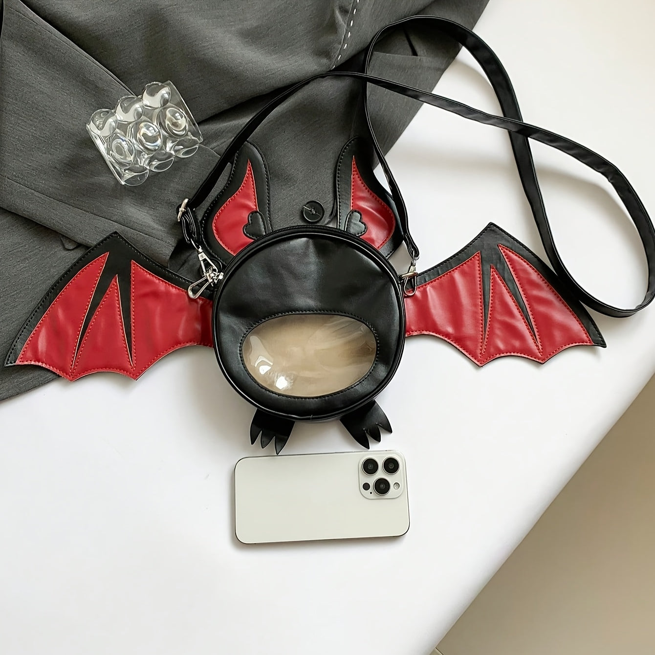 1pc Fashionable Devil Bat-Shaped Synthetic Leather Crossbody Bag with Detachable Strap - Lightweight, Zip Closure, Halloween Themed Accessory for Women in Grey/Purple/Red - Perfect for Parties, Outdoor Fun & Costume Matching