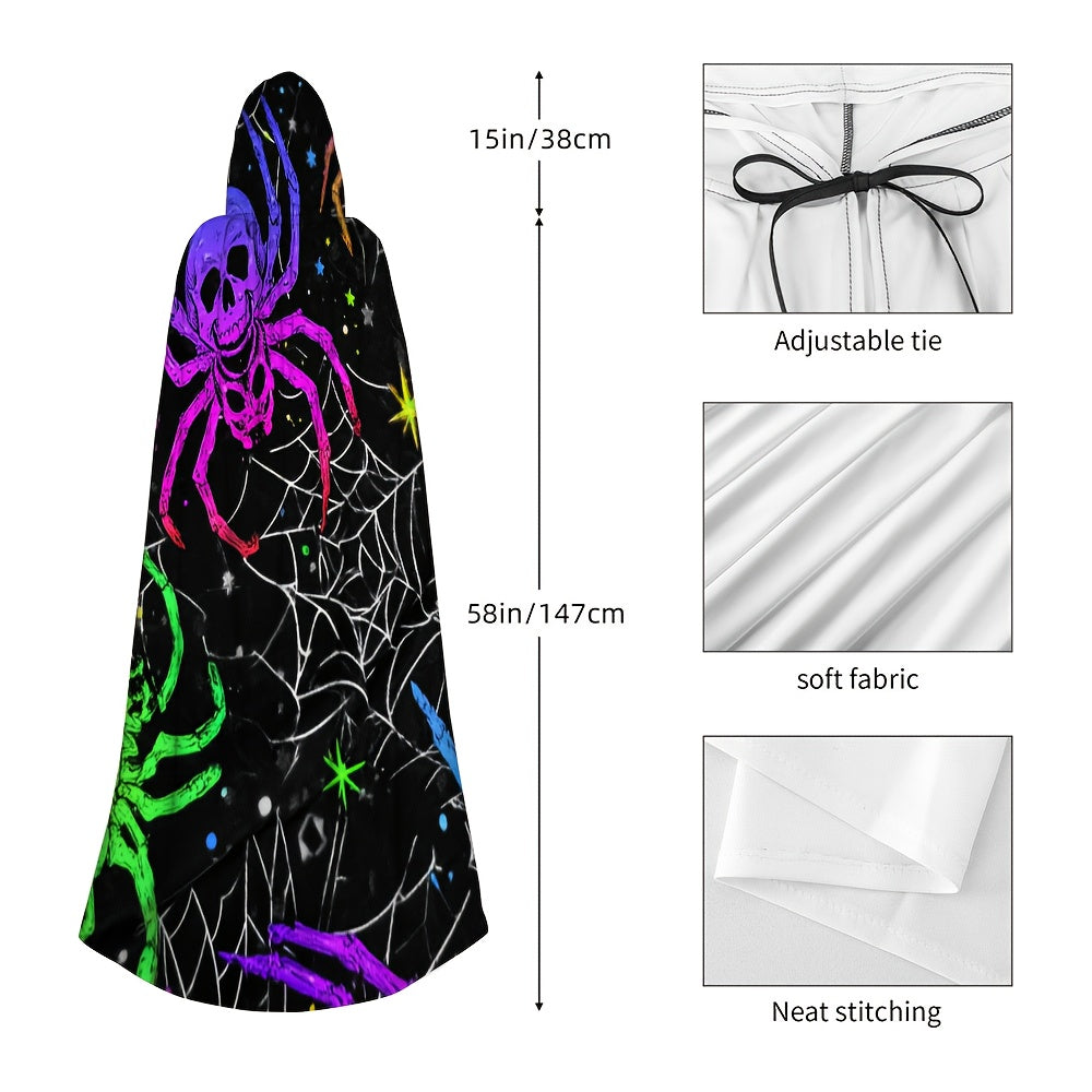 1pc Neon Glow-in-the-Dark Spider Print Witch's Robe - Norse Mythology Costume with Neon Web Design, Unisex Adult Hooded Cloak for Halloween Cosplay, Themed Parties & Costume Events (Hand Wash Only) - Multicolor Neon Colors (G