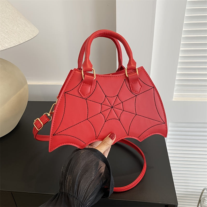 Halloween Women'S Bat Wing Spider Web Handbag - Lightweight Synthetic Faux Leather Tote with Geometric Spider Web Design, Zipper Closure & Detachable Strap, Gothic Style for Daily Use or Party Outfits, Durable Polyester Linin