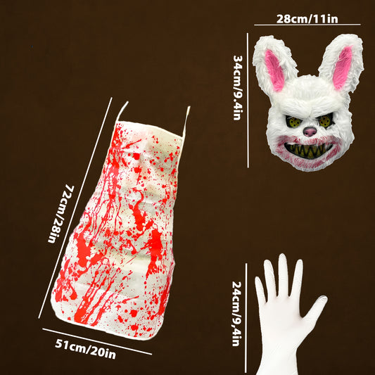 3pcs Horror Costume Set - Blood-Splattered Bunny & Killer Rabbit Mask with Bloody Apron & Gloves - Menacing White Rabbit Costume with Black Eyes & Sharp Teeth - Blood-Drip Design for Adults - Perfect for Halloween, Carnival,