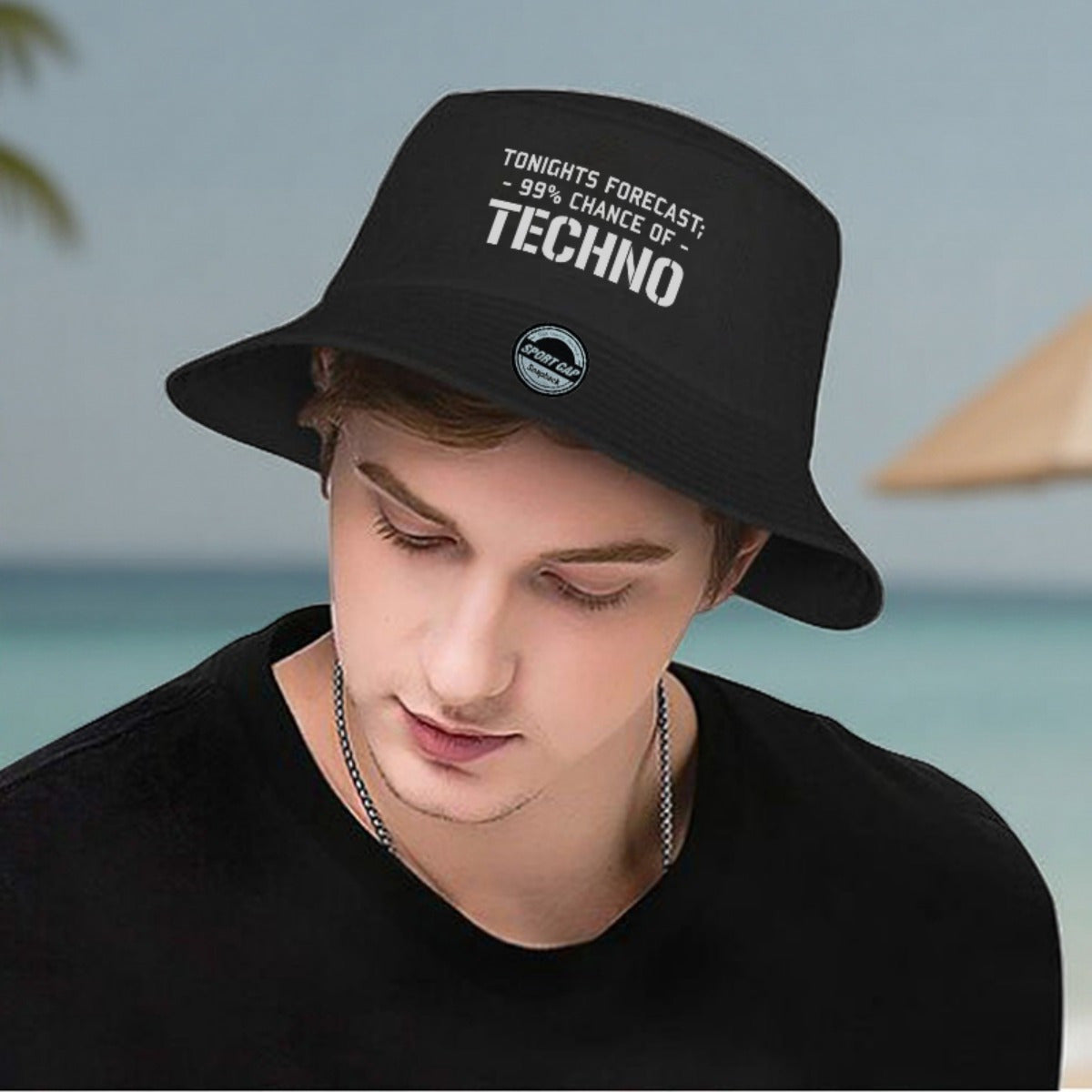 Men's Techno Music Bucket Hat - Tonight's Forecast Chance of Techno Print, Lightweight Breathable Sun Hat for raves, clubs, beach - Machine Washable Polyester Cap (Black/5 Colors Available) - Dad Hat Trucker Hat for Techno En