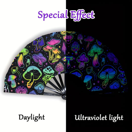 33.02cm Glow-in-the-Dark Mushroom Folding Fan - Vibrant Neon Psychedelic Design, Handheld PP Material for Parties, Raves, Halloween, Concerts, Cosplay & Themed Events - No Battery Needed, Mushroom Decor