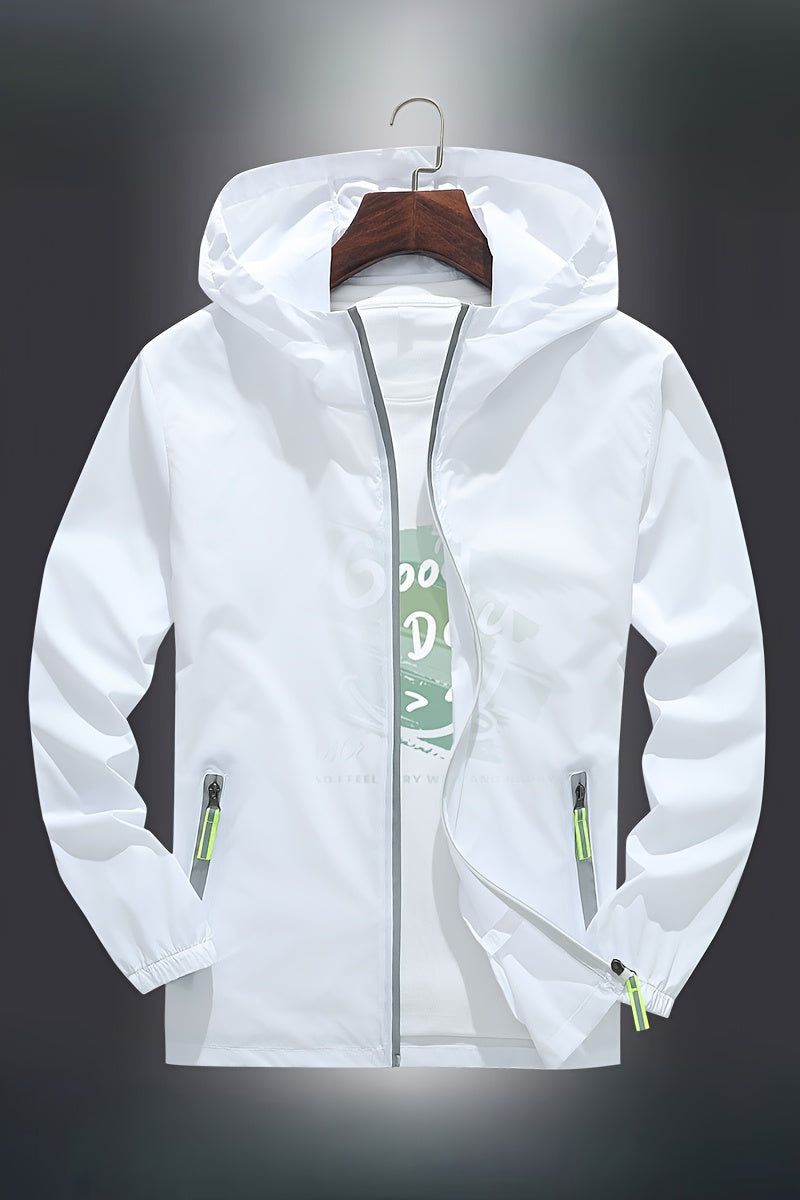 Men's Zip-Up Hooded Jacket - Breathable Reflective Outerwear for Gym, Cycling, Hiking & Beach Use - Lightweight Spring/Summer/Autumn Outdoor Wear with Zippered Storage Design. High-Quality Unisex Hoodie Perfect for Water Spor