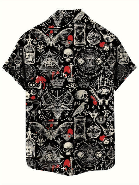 Men's Vintage Skull & Bat Print Short Sleeve Button-Up Shirt - Casual Polyester, Machine Washable - Perfect for Streetwear & Holidays, Novelty Fashion Top