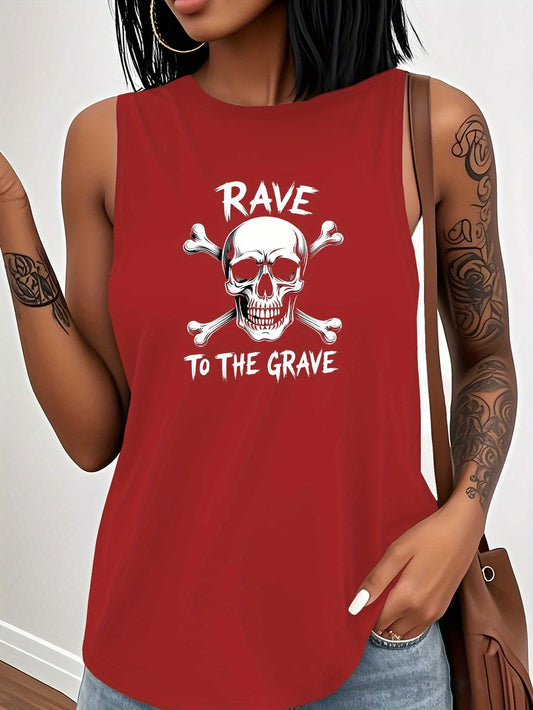 Rave to The Grave Skull & Crossbones Graphic Women's Sleeveless Vest - Edgy Casual Round Neck Top, Machine Washable All-Season Wear for Parties & Everyday Outfits, Party Apparel, Bold Pattern, Edgy Fashion, Bold Print Quality