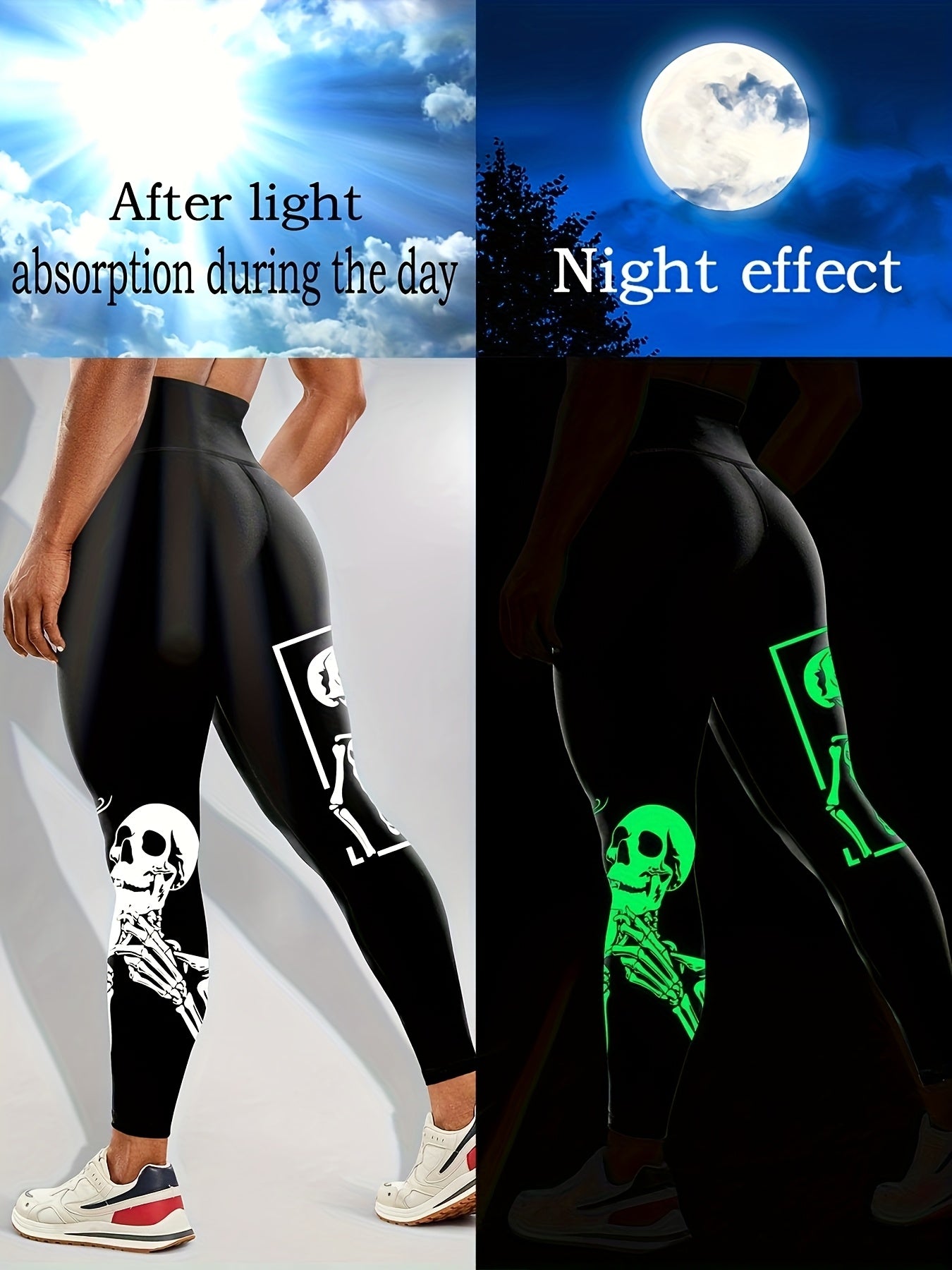Women'S High-Waisted Stretchy Fitness Leggings with Glow-in-the-Dark Skull Print - Black, Elastic Waistband, Long Length for Running, Yoga & Halloween Party Wear, Yoga Pants, Halloween Leggings, Bold Graphic Pants, Highelasti