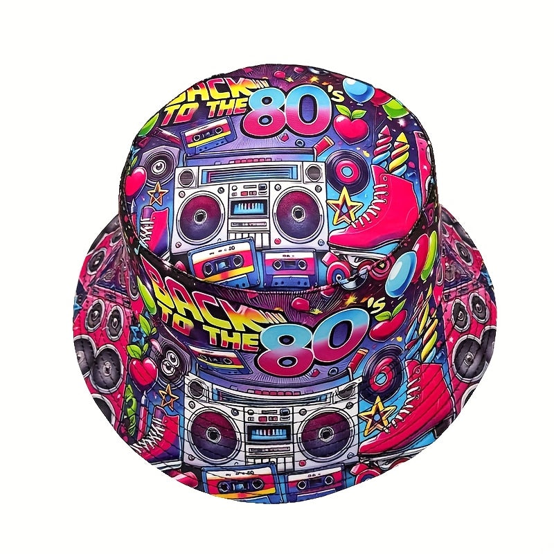 1pc "Back to the 80s" Retro Hip-Hop Bucket Hat - Vibrant Neon & Retro Graphic Design, Lightweight Polyester, Machine Washable, Perfect for Parties, Outdoor Events, and Gifts, Outdoor Headwear | Retro Hip Hop Style | Durable H