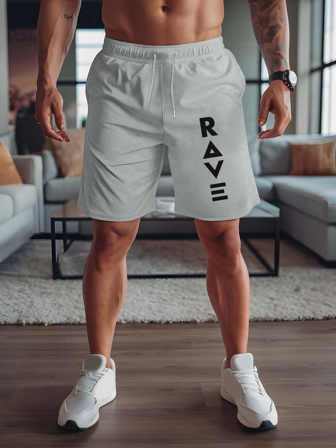 R V New Men's Summer Casual Shorts with RAVE Letter Print - Light Grey Regular Fit Outdoor Sports & Beach Vacation Shorts, American Fashion Trendy Lightweight Comfortable Design, Beach Vacation Apparel | Fashionable Casualwea