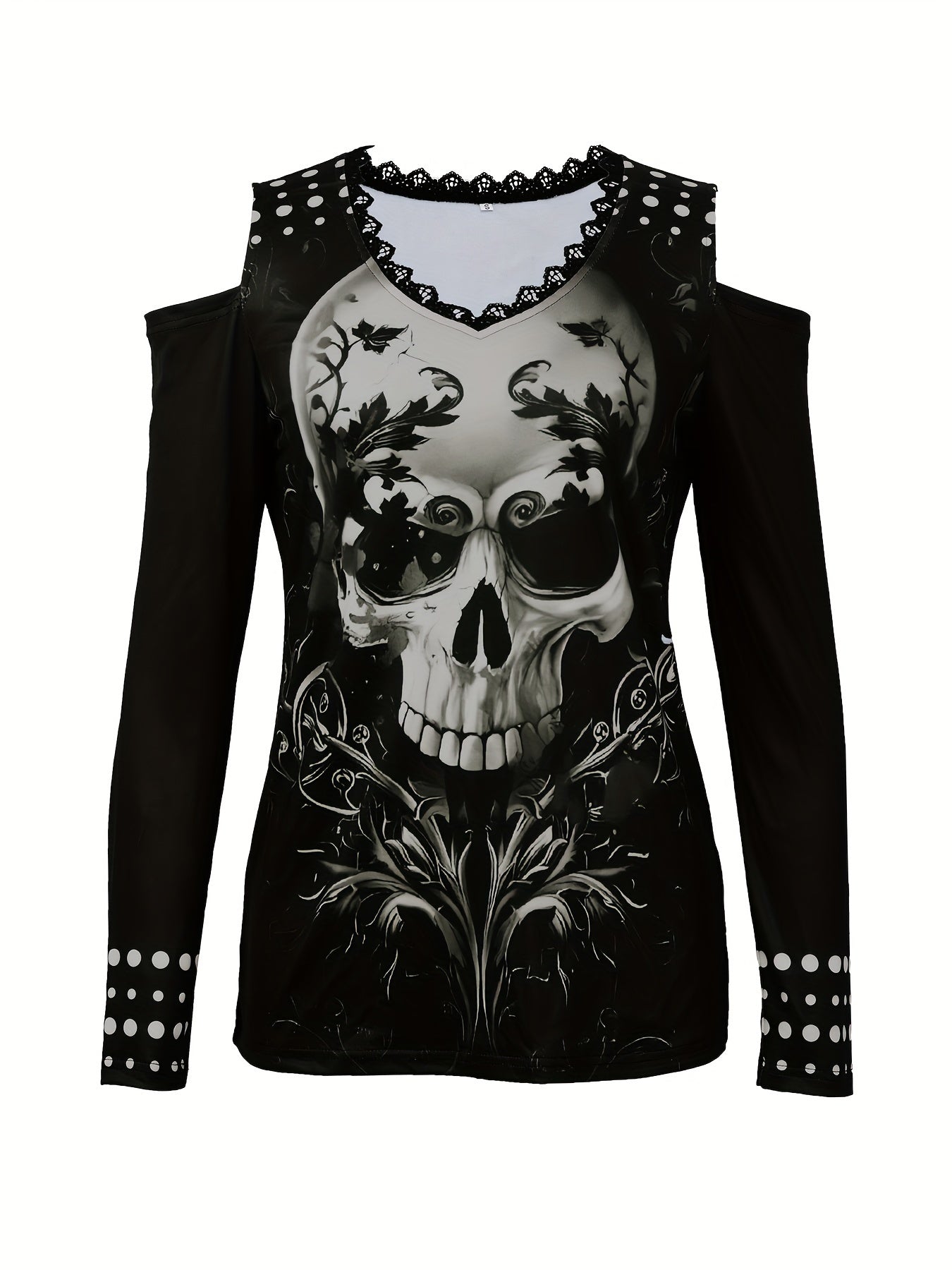 Vintage Skull Print Cold Shoulder T-Shirt - Trendy Long Sleeve Design with Cozy Fit, Distressed Retro Look, and Bold Graphic Print - Perfect for Spring & Fall, Womens Fashion Clothing
