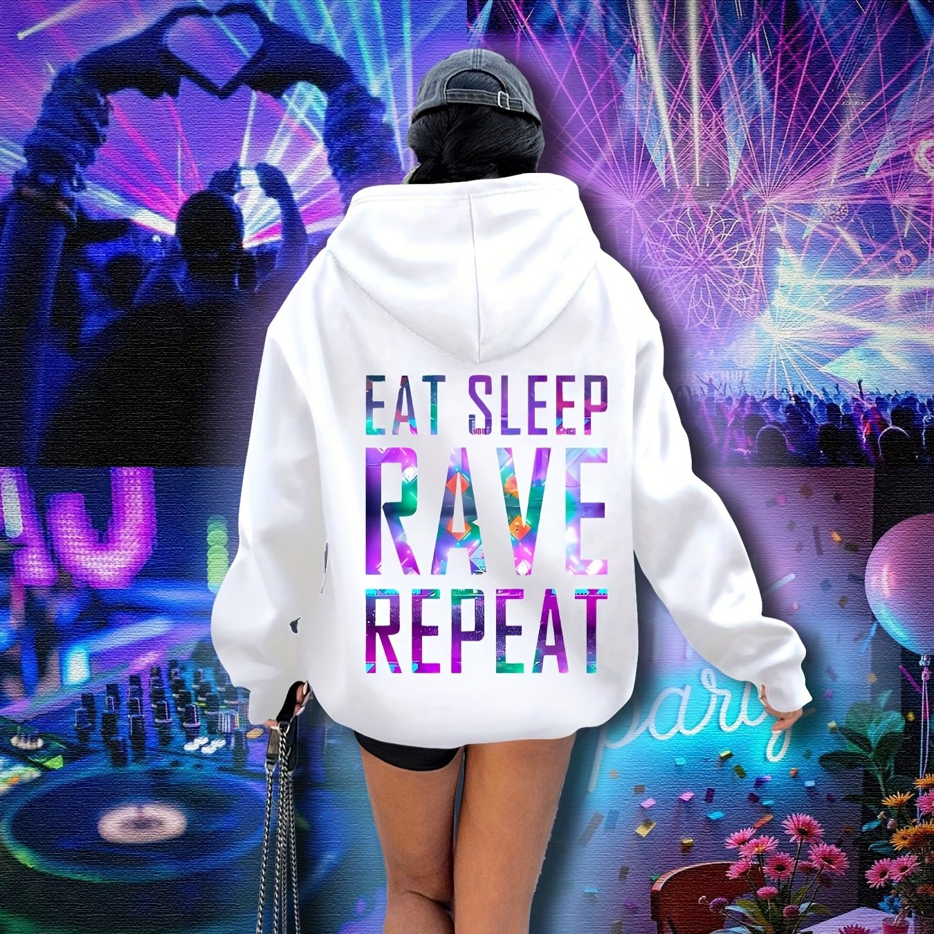 Plus Size, Women's Plus Size "EAT SLEEP RAVE REPEAT" Graphic Hoodie - Music Festival Print with Colorful Lights & DJ Design, Cozy Drawstring Hooded Sweatshirt for Winter & Autumn, Machine Washable Casual Pullover