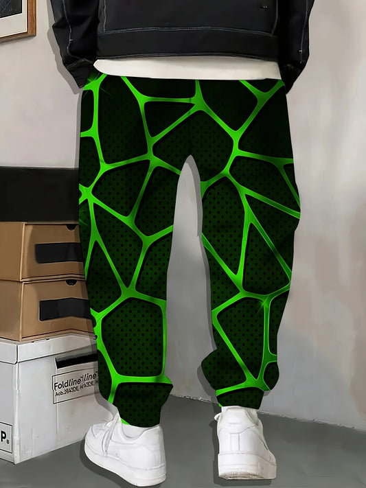 Men'S 3D Geometric Abstract Print Joggers with Drawstring Waist & Pockets - Vibrant Neon Green & Black Design, Comfortable Casual Sweatpants for Home & Leisure, Jogging Pants, Leisure Wear, Modern Streetwear, Durable Fabric