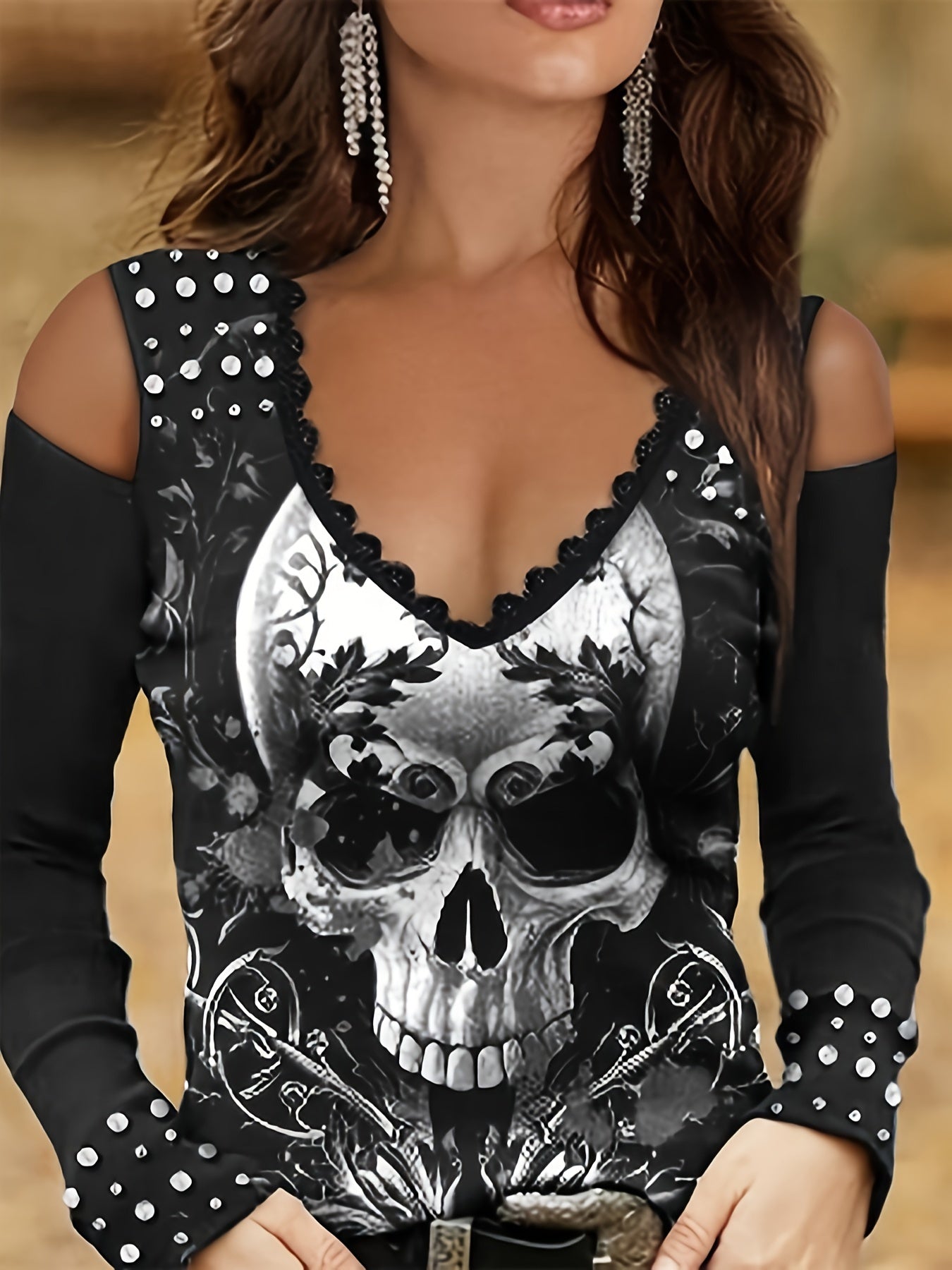 Vintage Skull Print Cold Shoulder T-Shirt - Trendy Long Sleeve Design with Cozy Fit, Distressed Retro Look, and Bold Graphic Print - Perfect for Spring & Fall, Womens Fashion Clothing