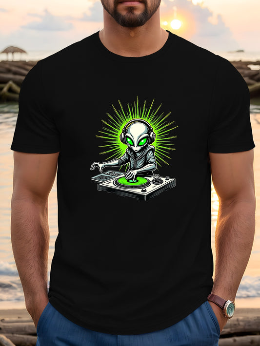 Men's Alien DJ with Headphones & Neon Green Sunburst Graphic Print Crew Neck T-Shirt - Lightweight Summer Casual Tee, Regular Fit, Machine Washable, Music Lover Apparel | Playful Design Shirt | Breathable Fabric