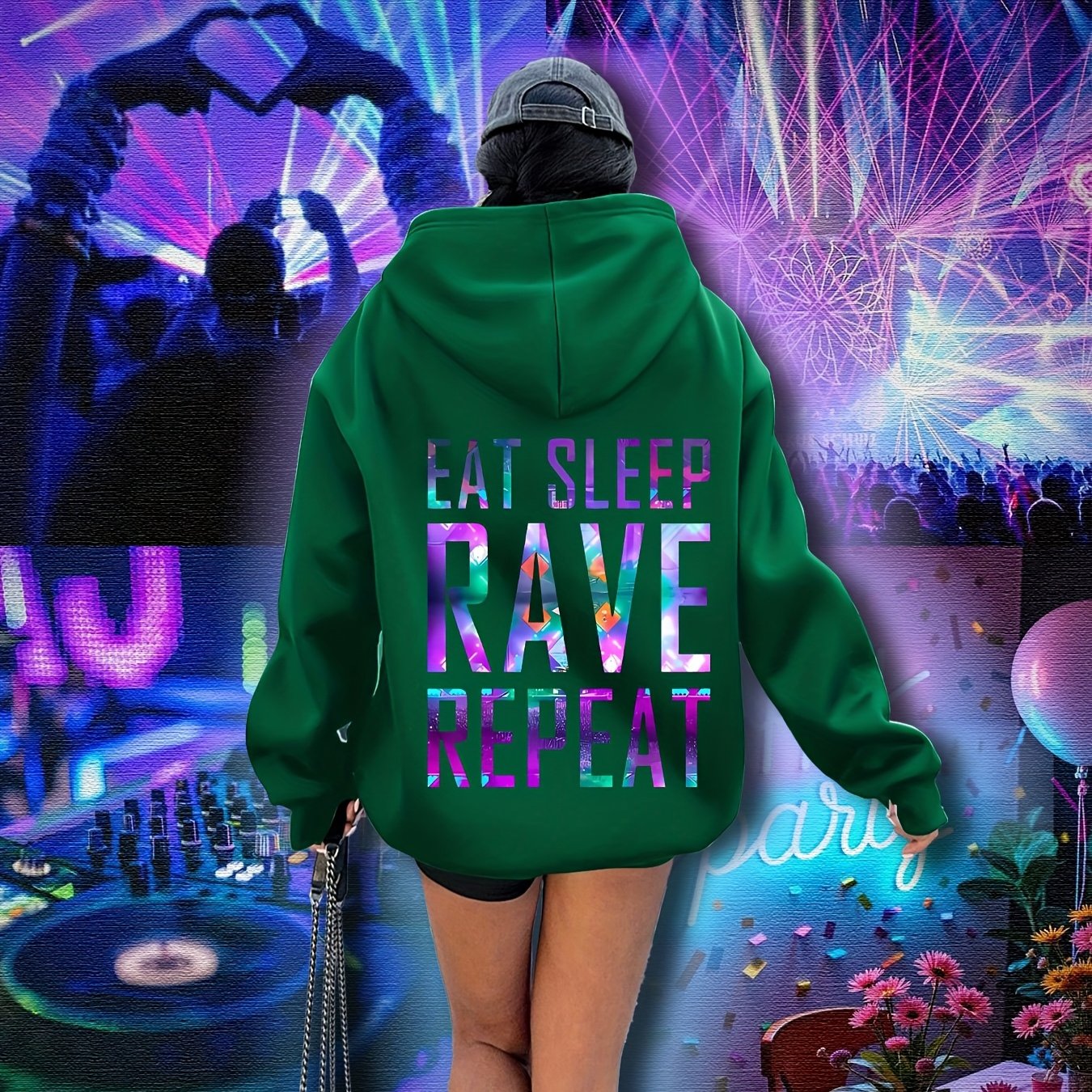 Plus Size, Women's Plus Size "EAT SLEEP RAVE REPEAT" Graphic Hoodie - Music Festival Print with Colorful Lights & DJ Design, Cozy Drawstring Hooded Sweatshirt for Winter & Autumn, Machine Washable Casual Pullover