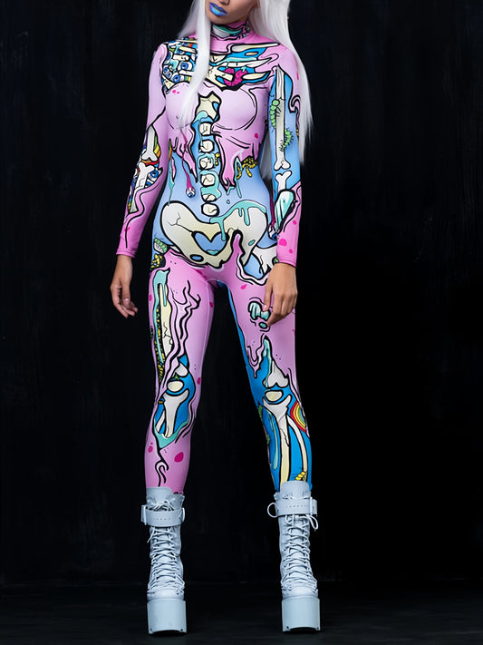 Women's Cute Spooky Skull 3D Print Gothic Halloween Costume Bodysuit for Carnival Holiday Party Cosplay