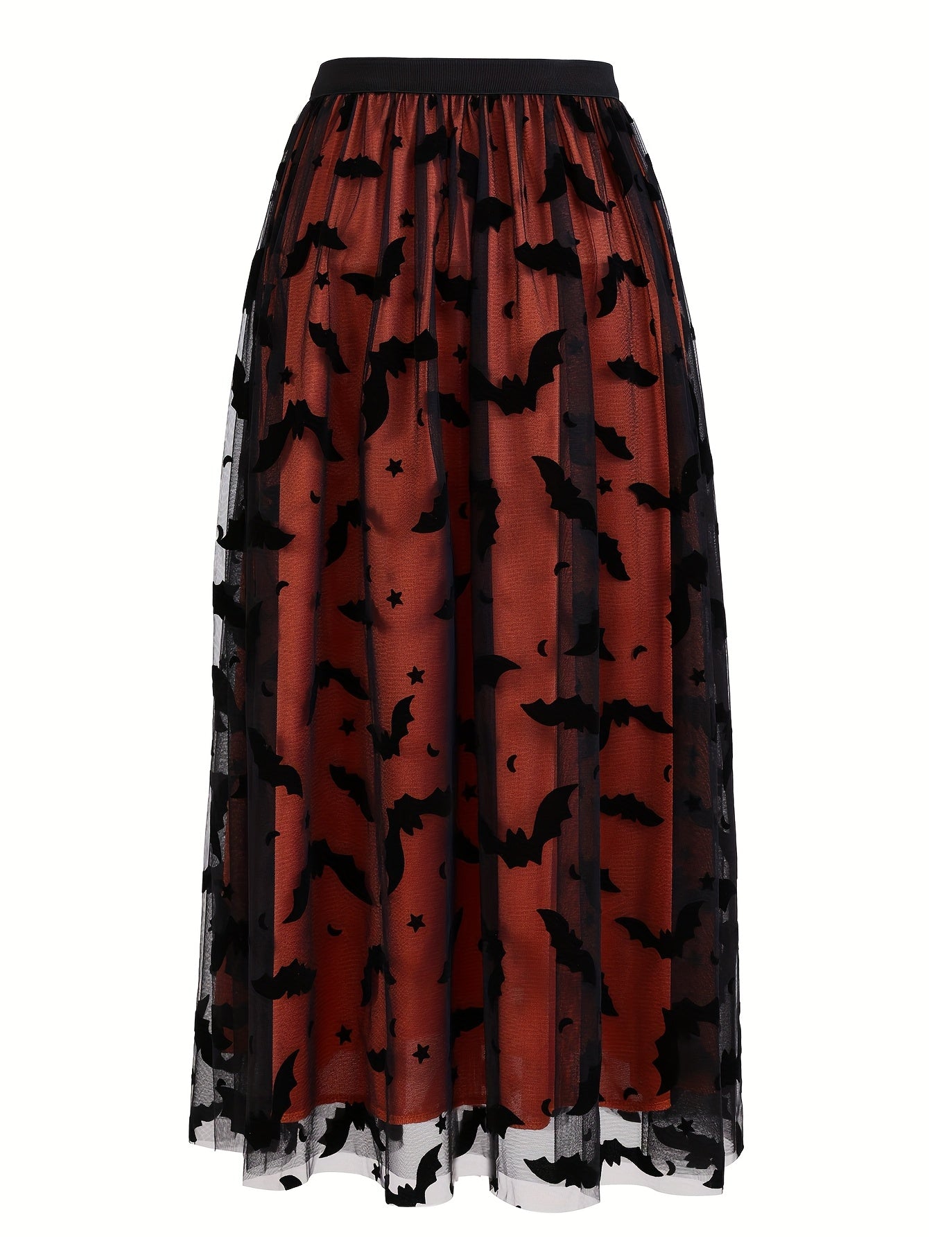 Plus Size - Elegant Plus Size Purple Tulle Skirt with Black Bat Print - Mid-Length, Flowy Design, Perfect for Casual or Formal Occasions, Formal Occasion Skirt | Bat Print Skirt | Polyester Fabric