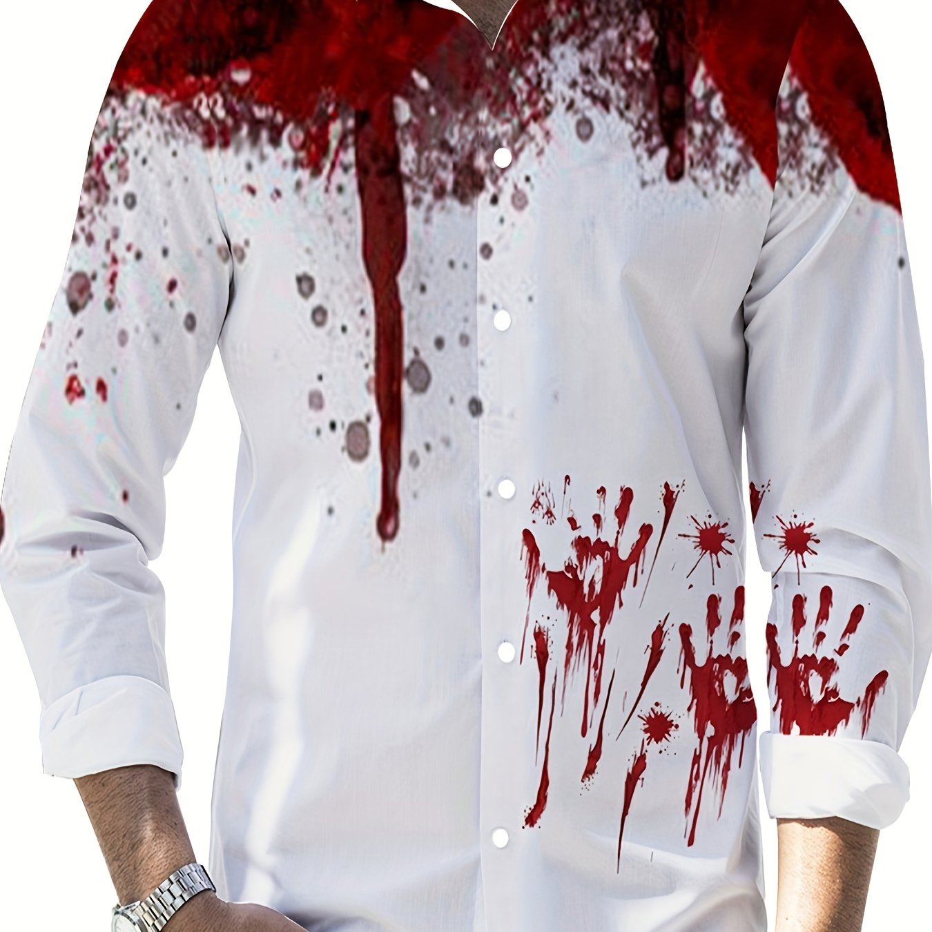 Scary Blood & Handprint Pattern Men's Long Sleeve Lapel Shirt, Men's Halloween Style Clothing For Spring Fall