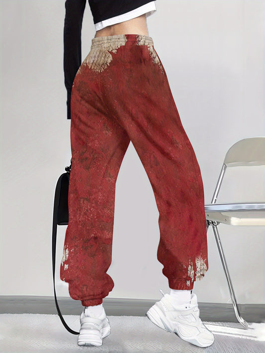 Women's Halloween Horror Blood Splatter Pants - Red & Brown Crime Scene Tape Effect - Drawstring Waist Harem Leg Pants - Machine Washable Polyester Costume Party Outfit for Halloween Parties & Casual Attire - Non-See-Through