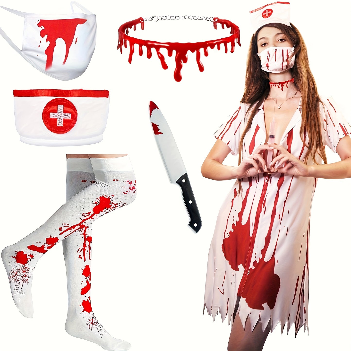 6pcs Halloween Nurse Costume Set for Women - Vintage Style, Polyester Fiber, Includes Dress, Hat, Blood-Dripping Necklace, Fake Knife, and Stockings with Red Accents, Perfect for Adult Cosplay