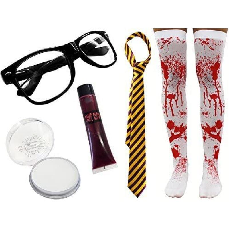 Ladies Halloween Zombie Schoolgirl Costume - Green & Grey Tie - Glasses, Striped Tie, Bloody Stockings, Fake Blood And Face Paint - Adults Horror Geek Scary Nerd Halloween Fancy Dress Set
