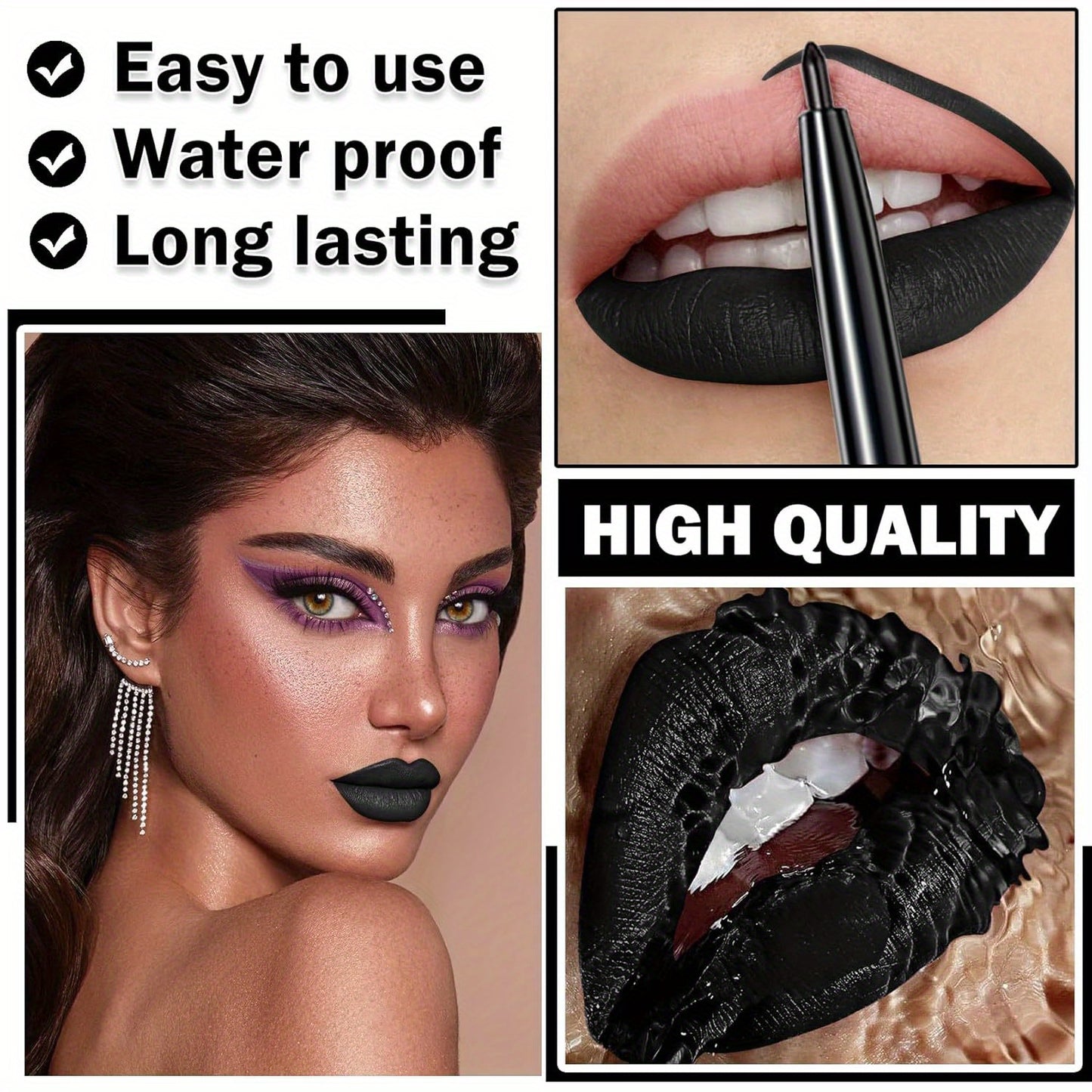 3pcs Black Lip Liner And Lipstick Set Liquid Matte Lipstick Velvet Charming Long-Lasting Waterproof Lip Gloss Makeup Kit for Halloween Goth Face Body Paint Cosplay Party Accessories Dress Up