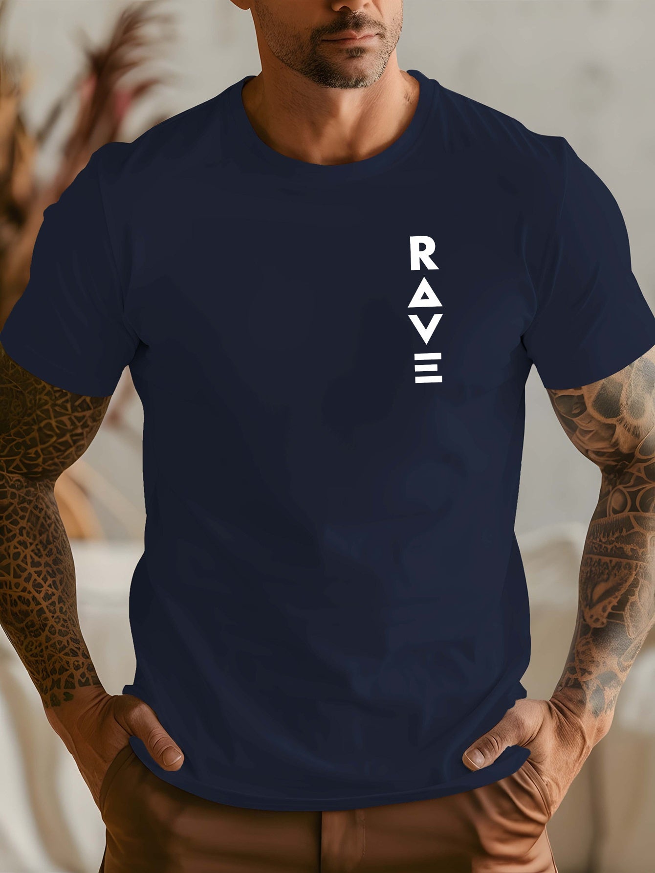 R V Men's Short Sleeve T-Shirt - Vibrant Yellow with Bold RAVE Graphic Print, Breathable Round Neck Casual Top for Summer Beach Resorts & Outdoor Activities