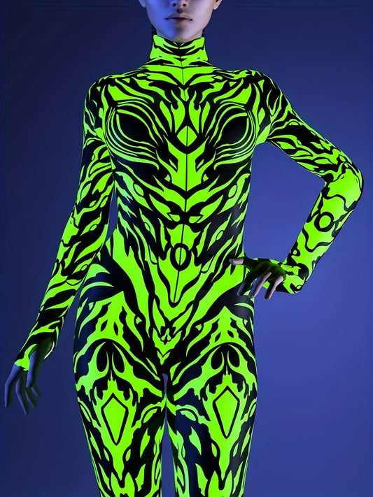ENNMEI Women's Sexy Long Sleeve Bodycon Jumpsuit - Neon Green Geometric Print, Stretchy & Machine Washable, All-Season Party & Performance Outfit, Festive Attire, Sensual Apparel, Sleek Fit