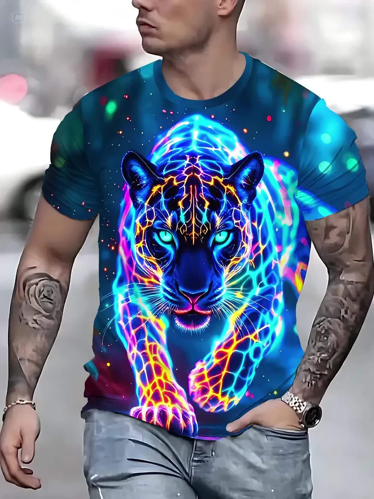 3D Neon Panther Print Men's Polyester T - Shirt, Short Sleeve, Cool Neon Animal Design, High - Quality 3D Printing, Comfortable Polyester, Stylish Casual Apparel, Distinctive Look, Must - Have Men's Fashion, Trendy Choice