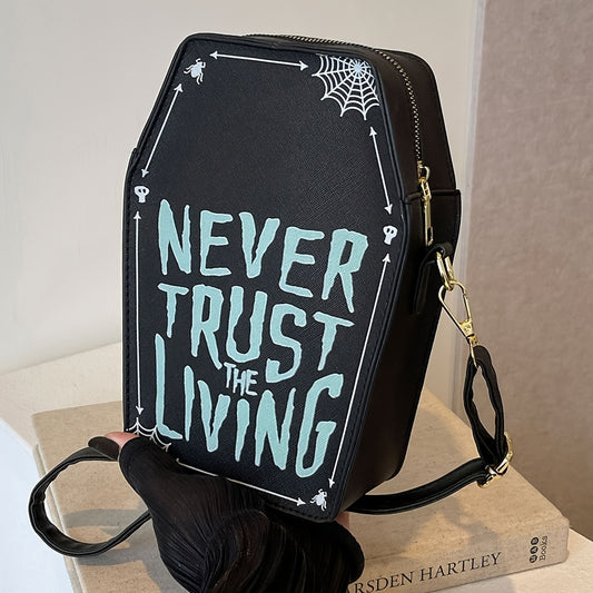 1pc Halloween Coffin-Shaped Fashion Shoulder Bag for Women, Sexy Gothic Faux Leather Crossbody Purse with "Never Trust The Living" Print, Zip Closure, Polyester Lining, and Edge Detailing