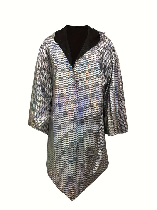 Men's Loose Fit Laser Sequin Hooded Shawl - Sparkling Reflective Nightclub & Rave Apparel, Machine Washable Music Festival Vest with Adjustable Hood for Concerts and Parties, Party Wear, Reflective Fashion, Durable Party Wear