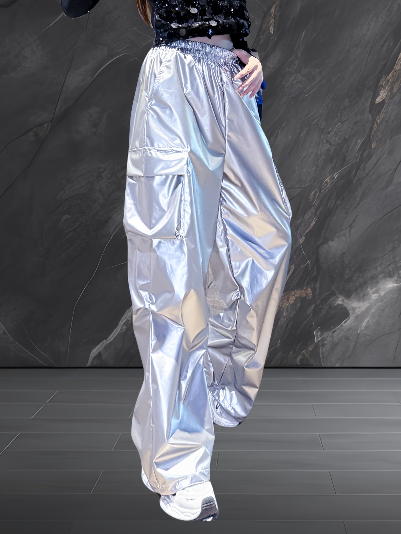 Reflective Hip-Hop Jazz Women'S Wide-Leg Pants - Elastic Waist, Silvery Texture, Loose Fit with Pockets, Machine Washable, Perfect for Streetwear & Casual Style, Spring Autumn Trousers, Street Style Pants | Loose Fit Pants |