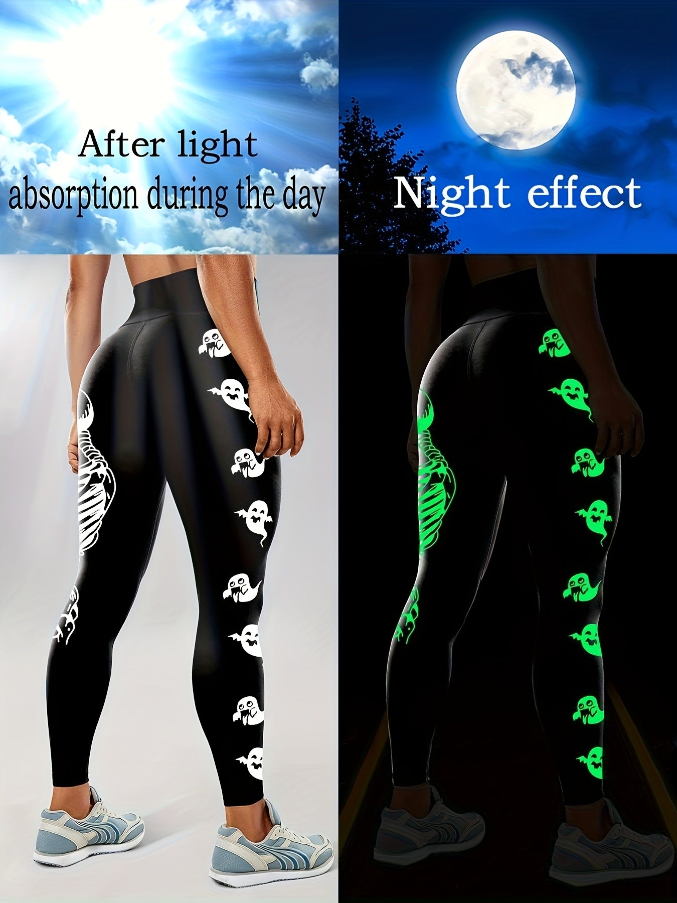Women'S High-Waisted Stretchy Fitness Leggings with Glow-in-the-Dark Skull Print - Black, Elastic Waistband, Long Length for Running, Yoga & Halloween Party Wear, Yoga Pants, Halloween Leggings, Bold Graphic Pants, Highelasti